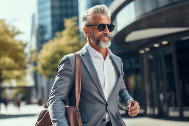 Ein leitender Geschäftsmann in Anzug und Sonnenbrille