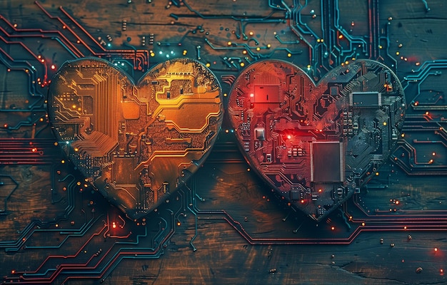 Ein Leiterplatten-Cyber-Netzwerk, das mit zwei Herzen verbunden ist
