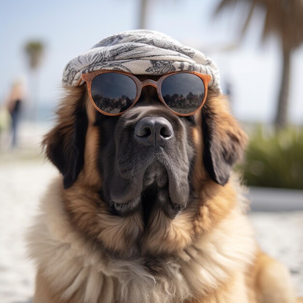 Foto ein leonberger-hund trägt aus spaß eine übergroße sonnenbrille