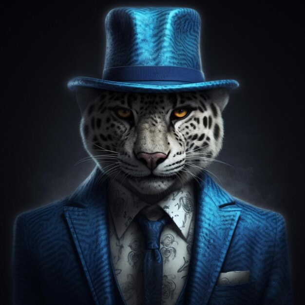 Ein Leopard, der einen blauen Anzug und Hut mit blauem Hut trägt.
