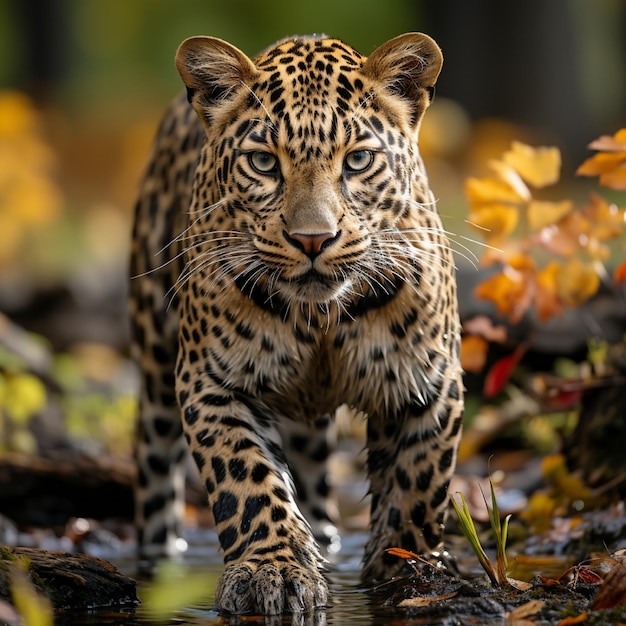 ein Leopard geht durch das Wasser im Wald