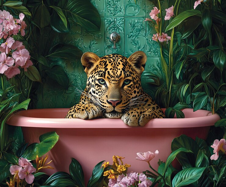 Ein Leopard in der rosa Badewanne, umgeben von exotischen Blumen