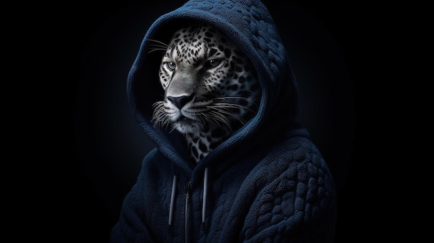 Ein Leopard in einem Kapuzenpullover