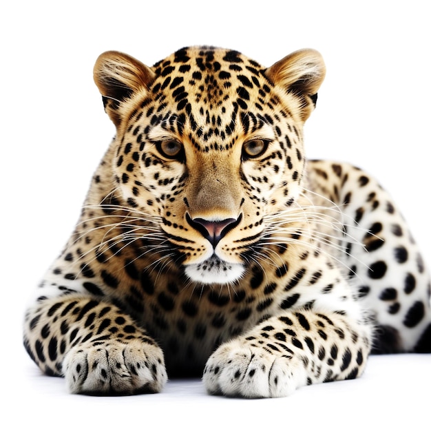 Ein Leopard liegt auf dem Boden und der Kopf ist nach rechts gedreht.