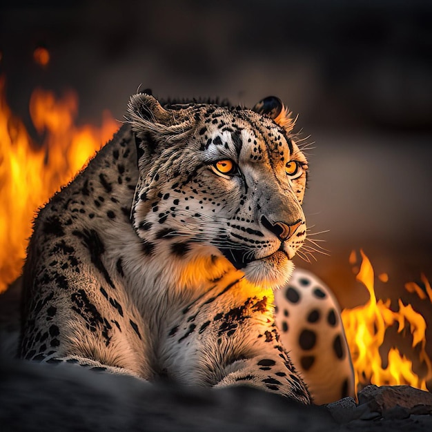 Ein Leopard mit orangefarbenen Augen sitzt vor einem Feuer.