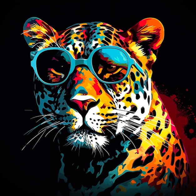 Ein Leopard mit Sonnenbrille auf schwarzem Hintergrund, generatives KI-Bild