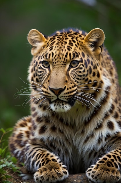 Ein Leopard mit weißer Brust und braunen Abzeichen sitzt auf einem grünen Busch.