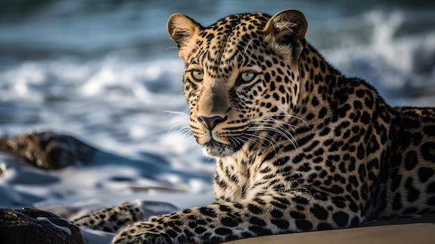 Ein Leopard ruht im Wasser im Serengeti-Nationalpark.