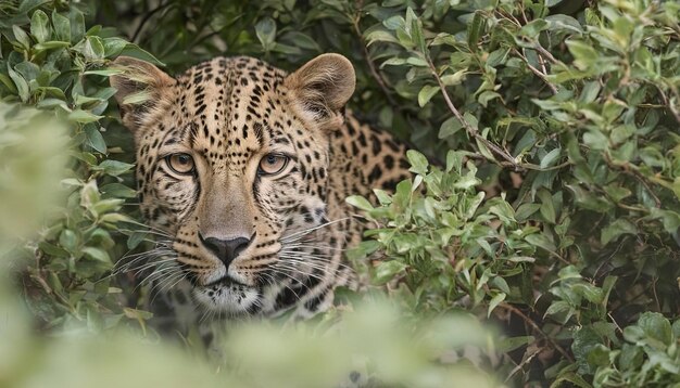 Ein Leopard versteckt sich hinter einem Busch