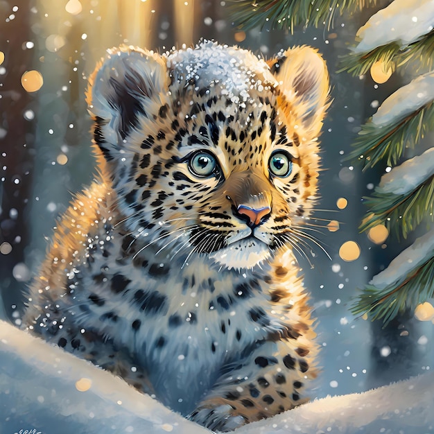 ein Leopardenjunge sitzt im Schnee mit einem Baumzweig im Hintergrund