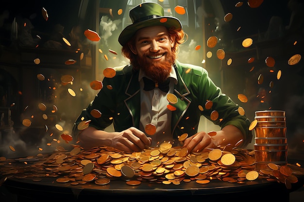 Ein Leprechaun trägt einen grünen Oberhut auf dem Kopf neben einem Haufen Gold, das von KI generiert wurde