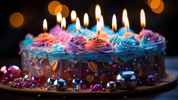 Ein leuchtend blauer Kuchen, geschmückt mit brennenden Kerzen