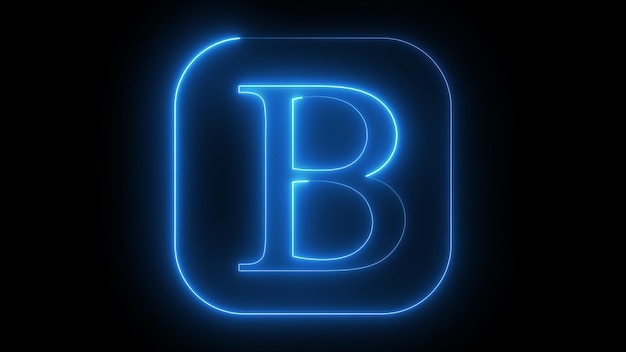 Ein leuchtend blauer Neonbuchstabe B in einem abgerundeten quadratischen Rahmen auf schwarzem Hintergrund