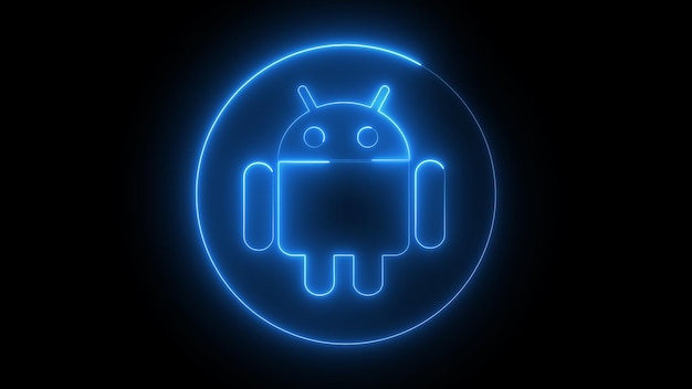 Ein leuchtend blaues Neon-Android-Logo auf schwarzem Hintergrund