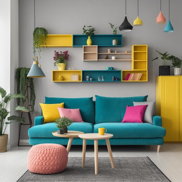 Ein leuchtend blaues Sofa in einem Wohnzimmer mit einem gelben Schrank und einem rosa-blauen Kissen.