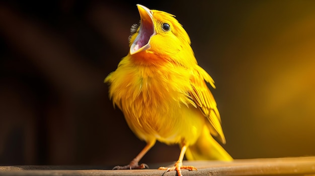 Ein leuchtend gelber Kanarienvogel, der melodisch von der KI erzeugt singt