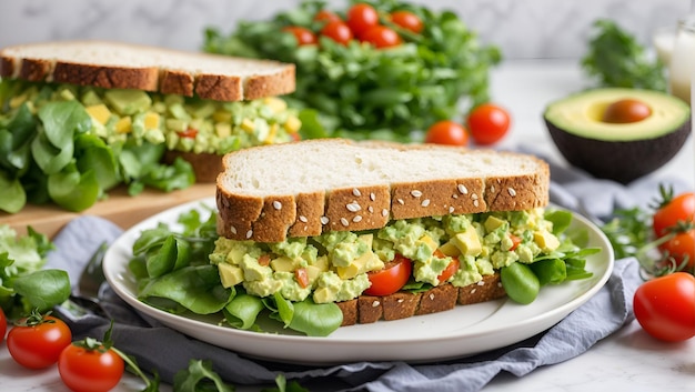 Ein leuchtend grünes Avocado-Eiersalat-Sandwich, serviert auf einem Bett aus frischem Salat und Tomaten