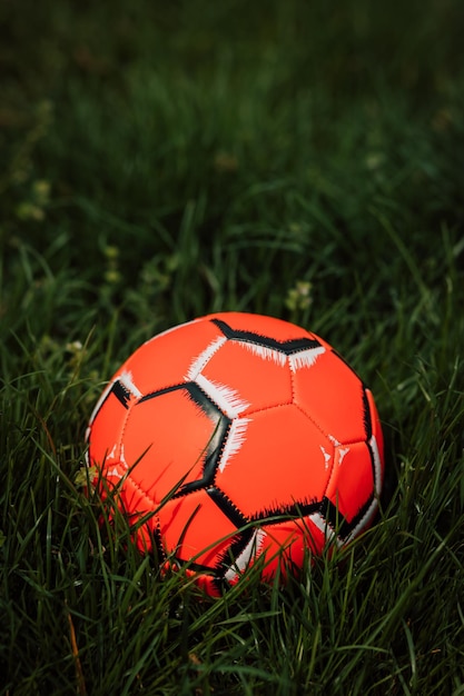 Ein leuchtend orangefarbener Fußball liegt im dichten grünen Gras