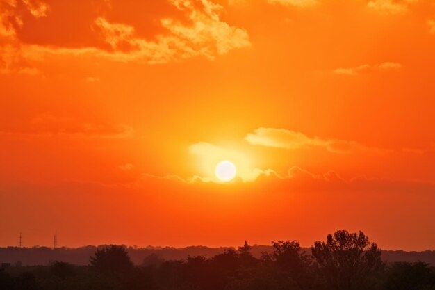 Ein leuchtend orangefarbener Sonnenuntergang, bei dem die Sonne hinter den Wolken untergeht