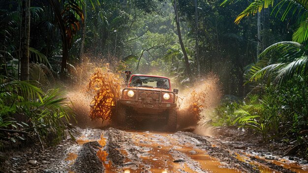 Foto ein leuchtend roter 4x4-lkw spritzt durch einen schlammigen pfad in einem üppig grünen wald