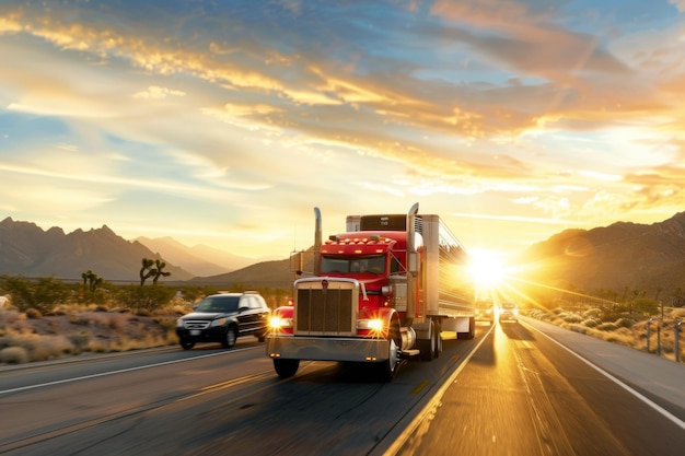 Ein leuchtend roter Semi-LKW fährt auf einer zweispurigen Autobahn mit Autos im Hintergrund unter einer Betäubung