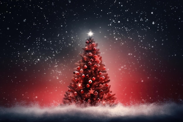 ein leuchtend roter Weihnachtsbaum, der in der verschneiten Nacht leuchtet
