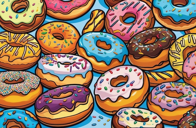 Foto ein leuchtendes digitales cartoon-stil-bild einer vielzahl von farbenfrohen, geschmückten donuts mit festem hintergrund