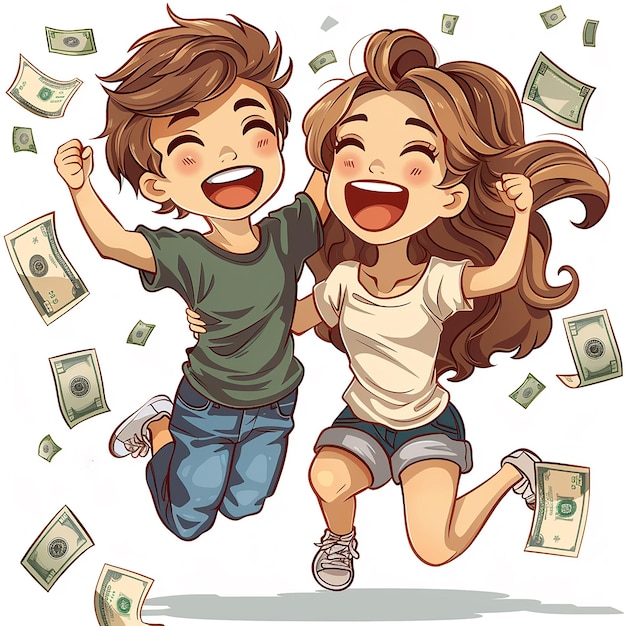 Ein leuchtendes Kawaii-Kartoonbild von einem Paar junger Leute, die fröhlich springen