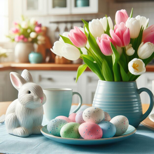 Ein leuchtendes und farbenfrohes Osternbild auf einem Esstisch mit einem Keramik-Hase mit fleckigen Ostereiern