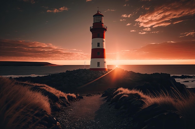 Ein Leuchtturm an der Küste bei Sonnenuntergang