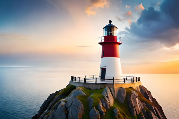 Ein Leuchtturm auf einem Felsen mit einem Sonnenuntergang im Hintergrund