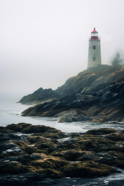 Foto ein leuchtturm auf einer mit moos bedeckten insel, die in nebel gehüllt ist