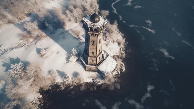 Ein Leuchtturm auf einer verschneiten Insel im Winter