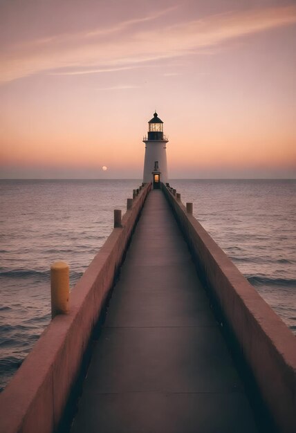 Ein Leuchtturm im Vordergrund am Ende eines schmalen Piers, der sich während des Sonnenuntergangs in das Meer erstreckt