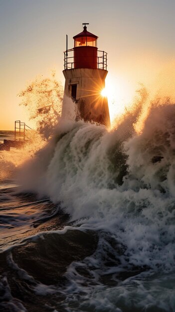 Foto ein leuchtturm im wasser mit der sonne dahinter