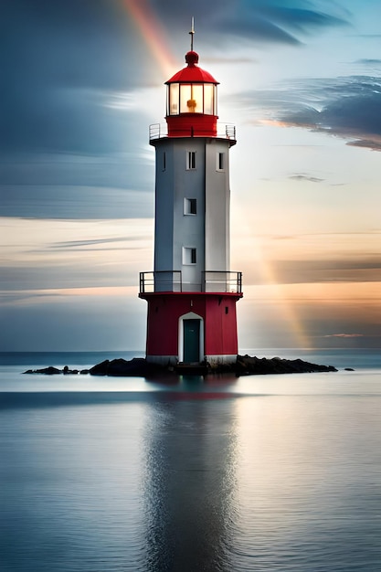 Ein Leuchtturm im Wasser, während die Sonne durch die Wolken scheint