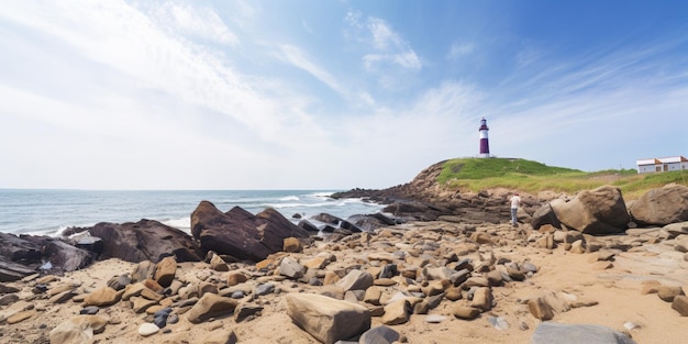 Ein Leuchtturm steht an einem felsigen Strand mit einem Leuchtturm im Hintergrund.