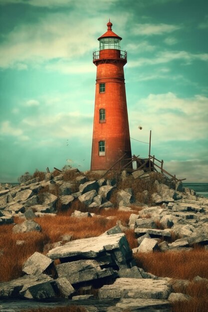 Ein Leuchtturm steht an einem felsigen Ufer und der Himmel ist blau und bewölkt.