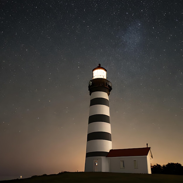 ein Leuchtturm wird nachts mit den Sternen am Himmel beleuchtet