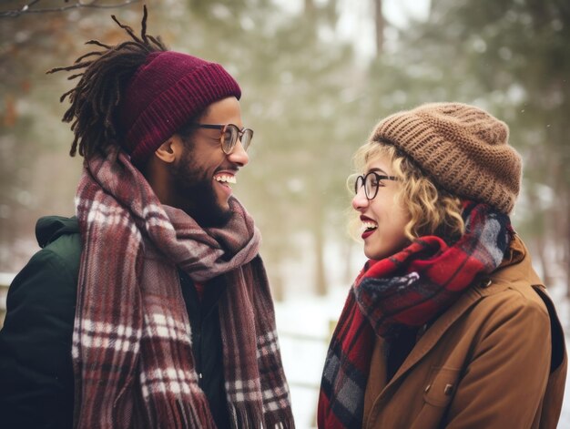 Ein liebendes interrassisches Paar genießt einen romantischen Wintertag