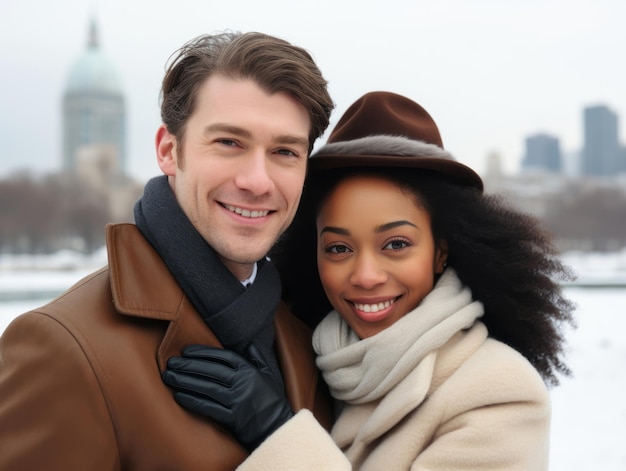 Ein liebendes interrassisches Paar genießt einen romantischen Wintertag