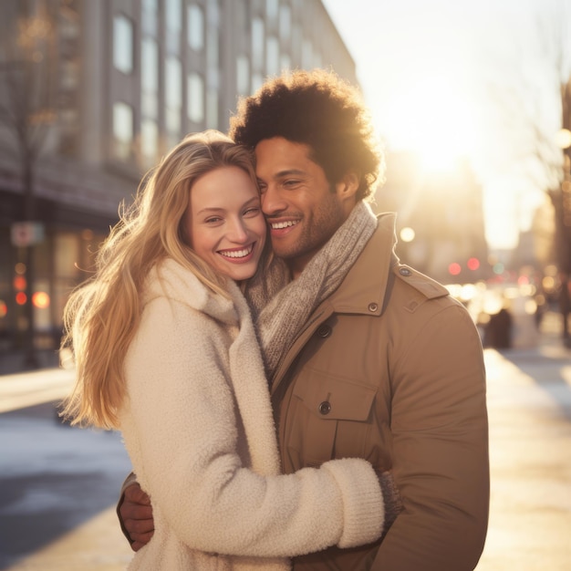 Ein liebendes interrassisches Paar genießt einen romantischen Wintertag