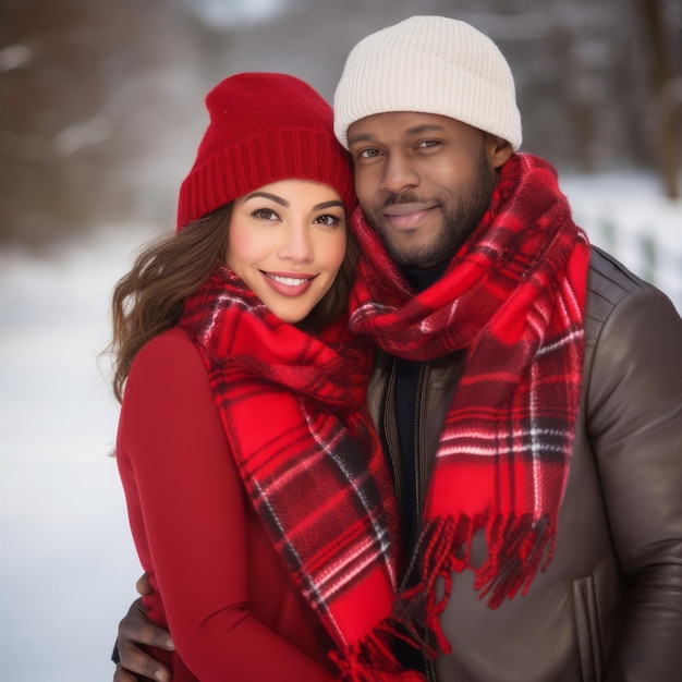 Ein liebendes interrassisches Paar genießt einen romantischen Wintertag