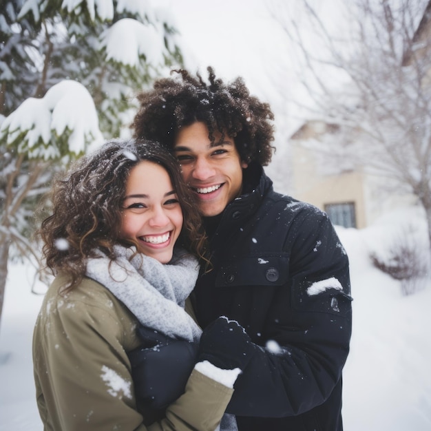 Ein liebendes interrassisches Teenagerpaar genießt einen romantischen Wintertag