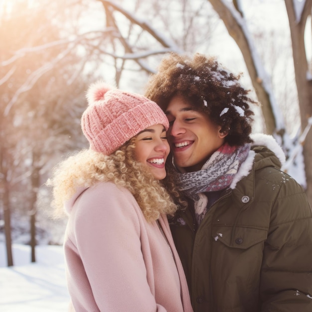 Ein liebendes interrassisches Teenagerpaar genießt einen romantischen Wintertag