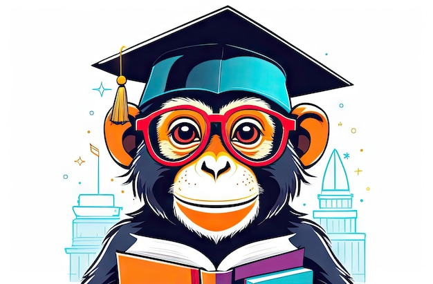 Ein liebenswerter Affe trägt eine graduierte Mütze und sitzt mit Büchern in einer flachen isolierten Illustration