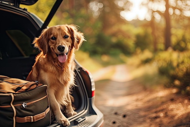 Ein liebenswerter brauner Hund mit blauem Halsband sieht glücklich aus, während er mit Gepäck auf der Rückseite eines Autos sitzt und eine sonnige Fahrt genießt