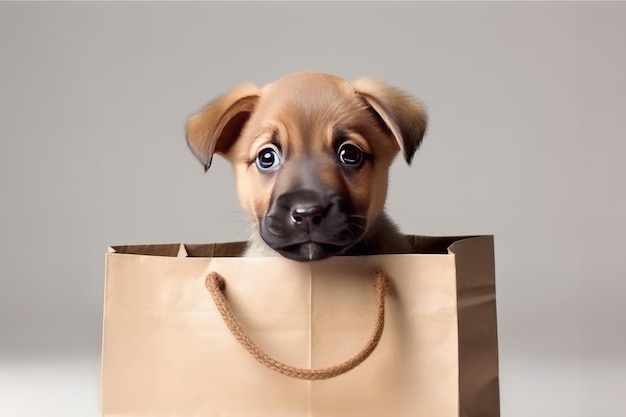 Ein liebenswerter brauner Welpe mit Einkaufstasche auf weißem Hintergrund, eine entzückende Geschenkidee.