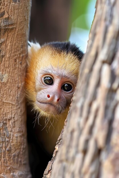 Ein liebenswerter Capuchin-Affen mit weißem Vorderkopf, der neugierig zwischen Zweigen in seinem natürlichen Lebensraum späht