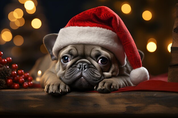 Ein liebenswerter französischer Bulldoggenwelpe mit einem Weihnachtsmannshut schöne Tiere schmücken den Feiertag
